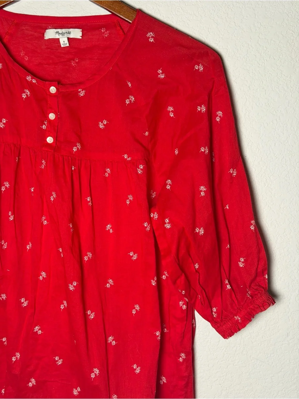 Madewell Red Floral Cotton Peasant Blouse Puff Sleeve Boho Top Small